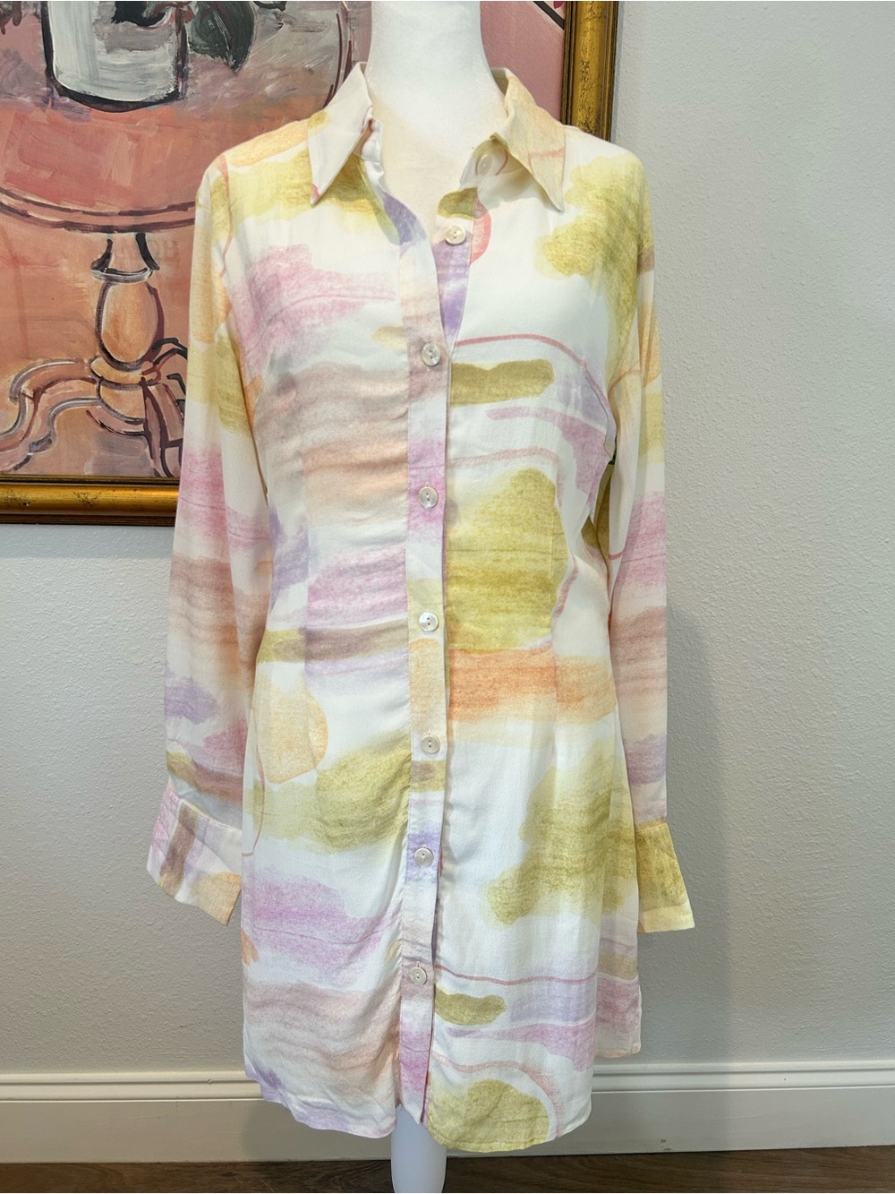 Charlie Holiday Ibiza Naomi Watercolor Pastel Button-Up Shirt Dress - Picture 4 of 8